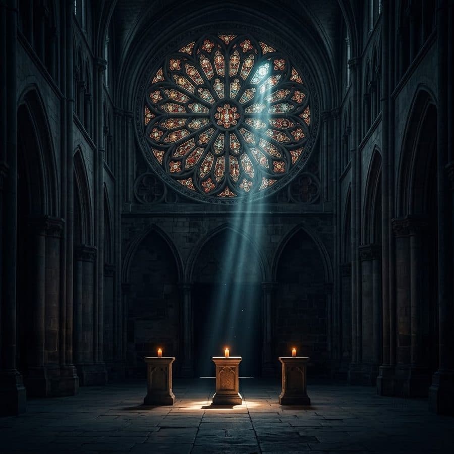 The rose window of the nave, its single beam falling on three stone plinths below